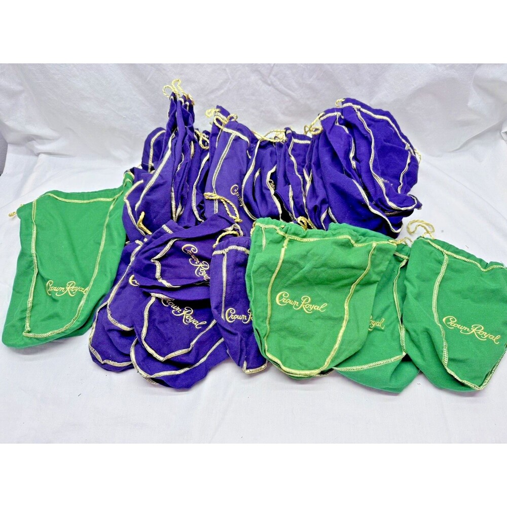 Lot of 43 Crown Royal Bags Purple/Green Multiple Sizes S, M, L Drawstring